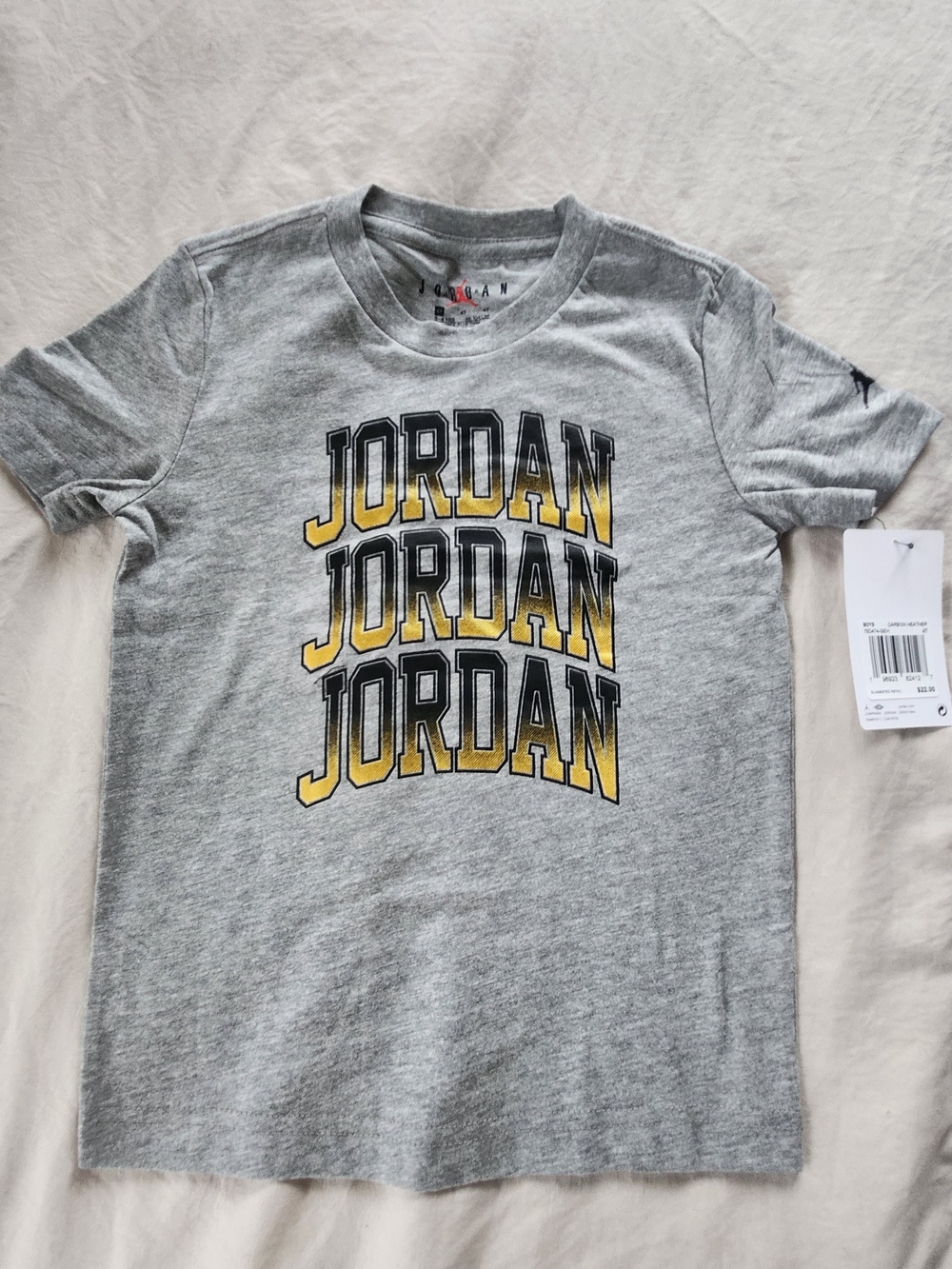 Jordan Boys Grey Tee with Yellow Logo Size 4t